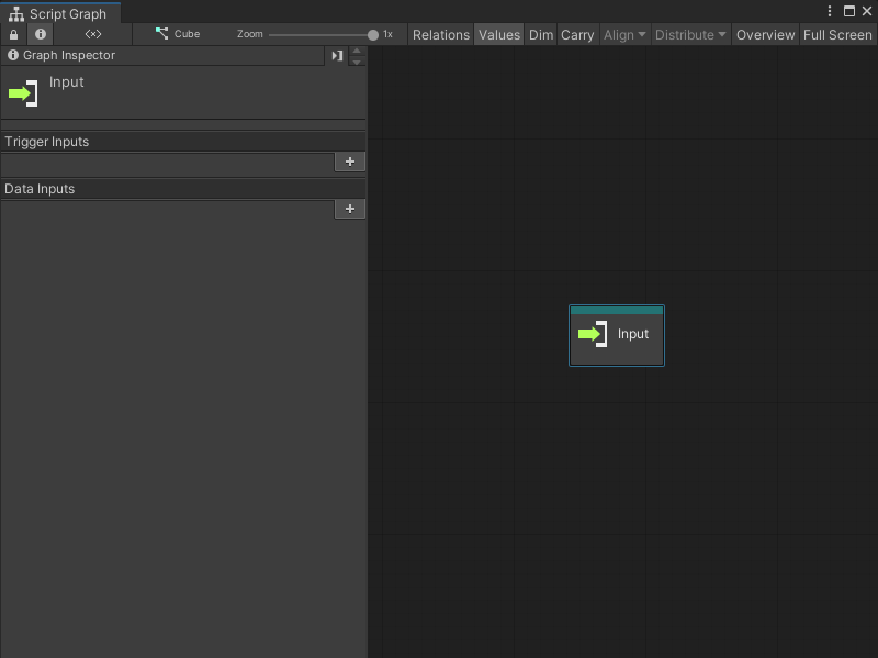 An image of the Graph window that displays a default Input node and the Graph Inspector.